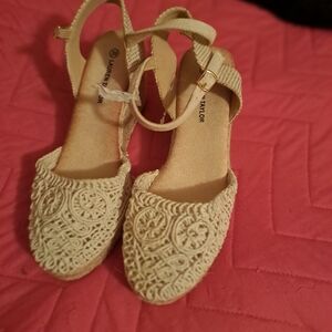 Beige Braided Espadrille Wedge Sandals
